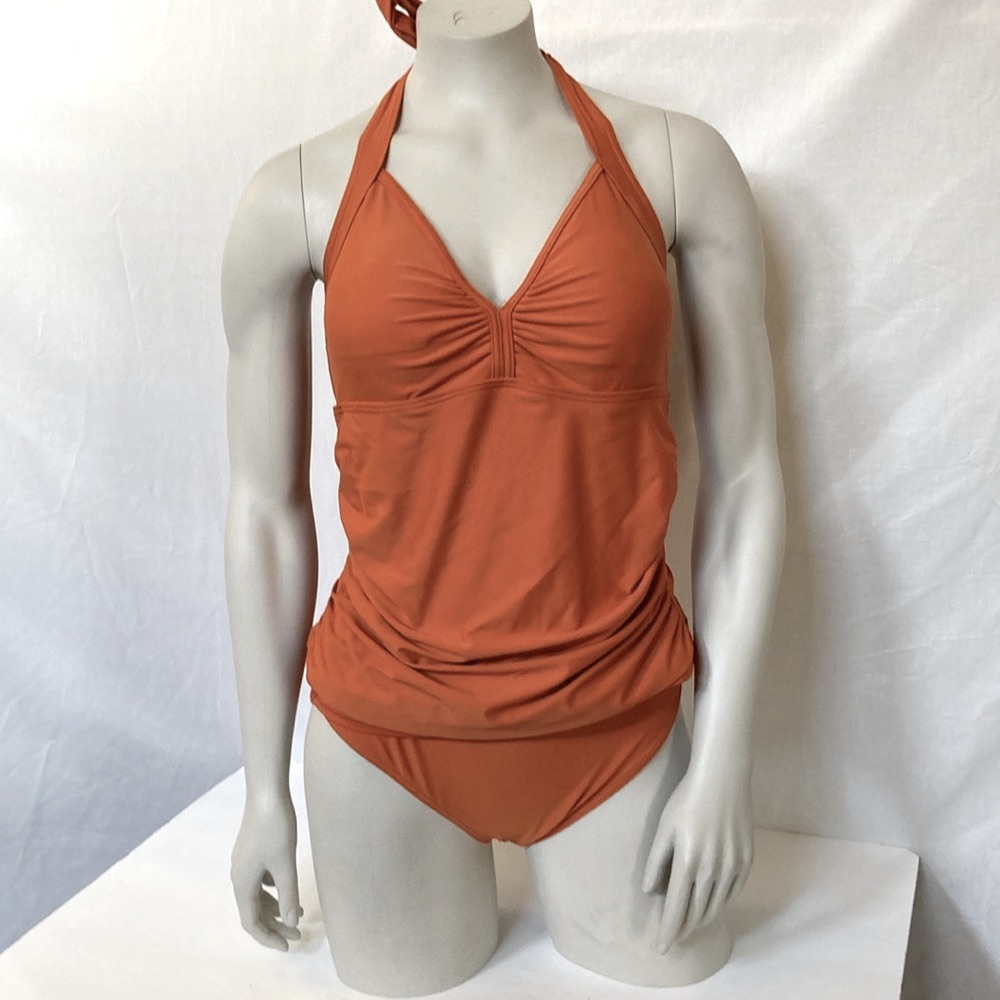 Burnt Orange Halter Swimsuit Tankini Top & Mid Rise Bikini Bottom Size X-Large